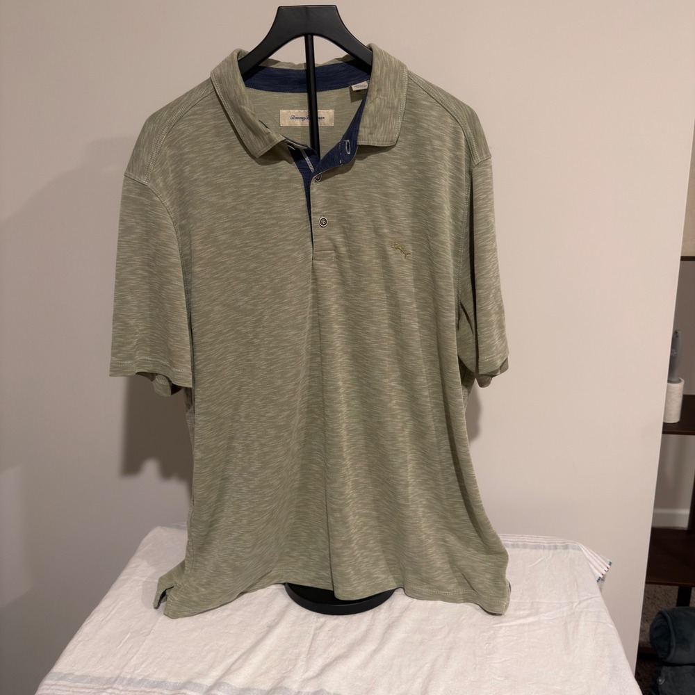 Tommy Bahama Mens XXL Polo Shirt Green Space Dye Short Sleeve Tencel Blend